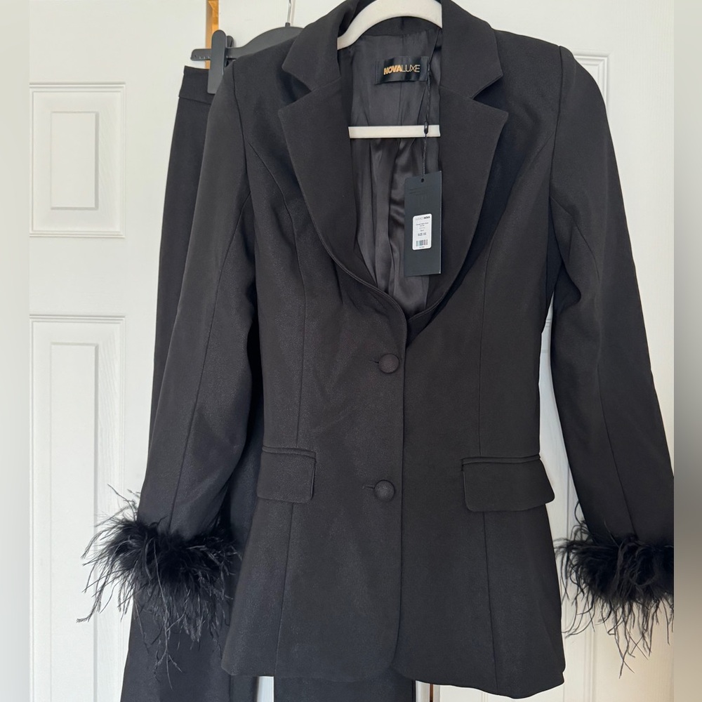 Clarissa Feather Blazer Suit/Jumpsuit Set - Black